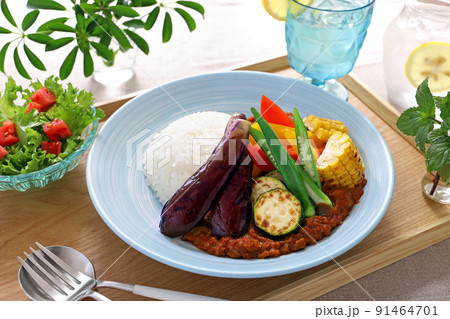 夏野菜のキーマカレー　トマトとなすのキーマカレー　夏野菜添え　 91464701