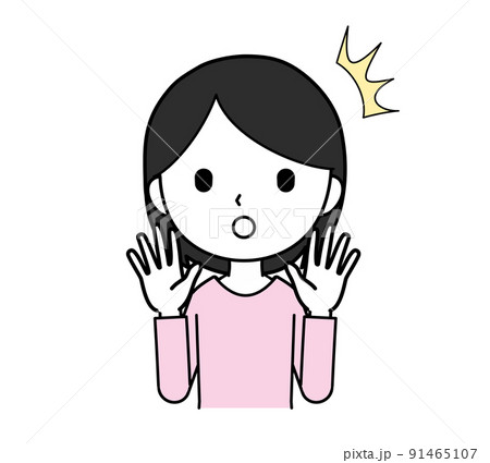 両手を挙げて驚く女性のイラスト 上半身 正面 線画 両手を挙げて驚く女性のイラスト 上半身 正面 線画 91465107