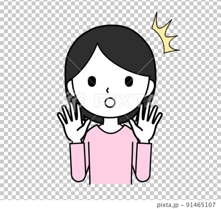両手を挙げて驚く女性のイラスト 上半身 正面 線画 両手を挙げて驚く女性のイラスト 上半身 正面 線画 91465107