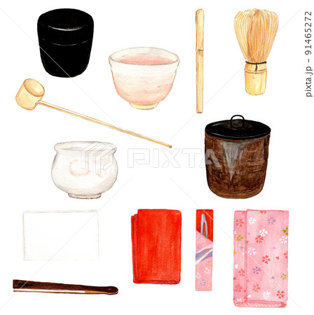 手描き水彩の茶道具セットイラスト 手描き水彩の茶道具セットイラスト 91465272