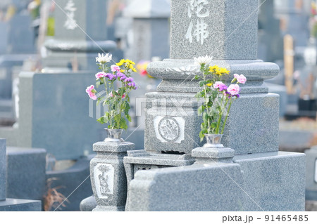 お墓の墓石　仏花と墓誌 91465485