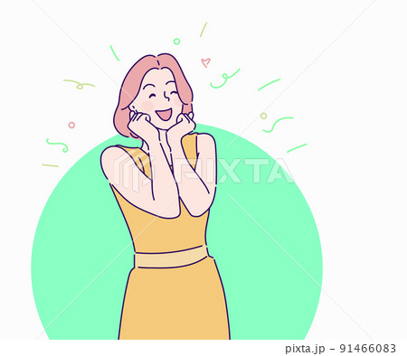 Young woman is smiling and cheerful with hands showing face. Surprised and excited. Hand drawn in thin line style, vector illustrations. 91466083