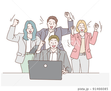 Successful business team with arms raised at desk in office. Working team concept. Hand drawn in thin line style, vector illustrations. Successful business team with arms raised at desk in office. Working team concept. Hand drawn in thin line style, vector illustrations. 91466085