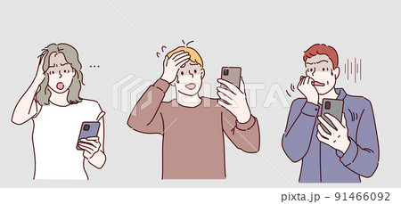 Set of people looking in smartphone with scared face expression. Hand drawn in thin line style, vector illustrations. Set of people looking in smartphone with scared face expression. Hand drawn in thin line style, vector illustrations. 91466092