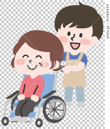 介護士さんと車椅子にのる人物イラスト 91466444