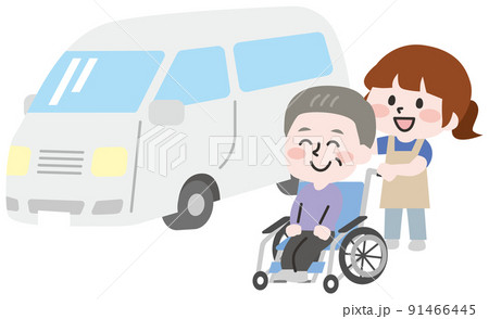 送迎車と介護士さんとデイサービス利用者さん  送迎車と介護士さんとデイサービス利用者さん  91466445