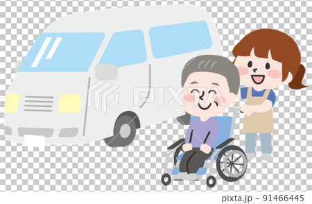 送迎車と介護士さんとデイサービス利用者さん  送迎車と介護士さんとデイサービス利用者さん  91466445