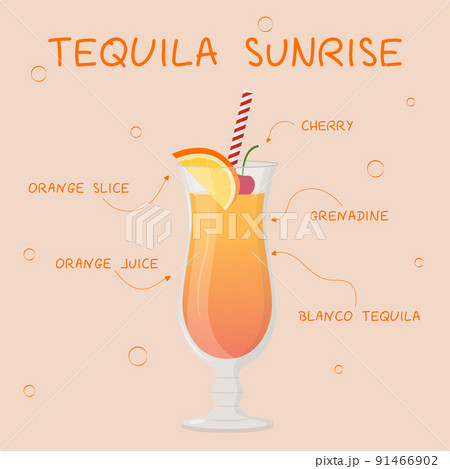 Alcohol drink, cocktail and beverages recipe. Tequila sunrise. Menu design. Bartender guide. Flat vector illustrtaion Alcohol drink, cocktail and beverages recipe. Tequila sunrise. Menu design. Bartender guide. Flat vector illustrtaion 91466902
