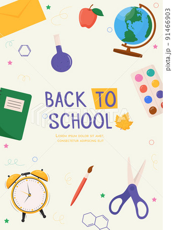 Back to school card with colorful school supplies. Colorful back to school templates for invitation, poster, banner, promotion, sale. School supplies cartoon illustration. Back to school card with colorful school supplies. Colorful back to school templates for invitation, poster, banner, promotion, sale. School supplies cartoon illustration. 91466903