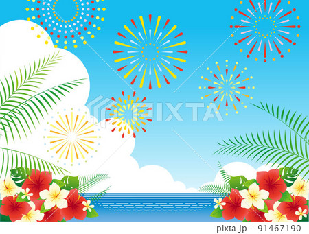夏の海と花火の背景イラスト素材 ベクター セール 夏 91467190