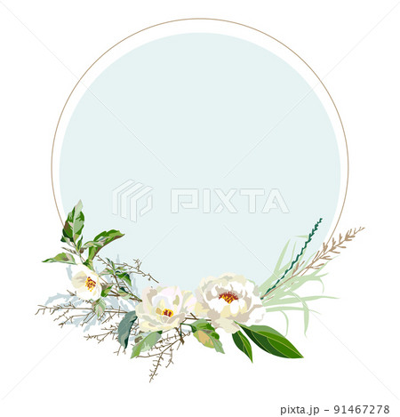 Round frame with white peonies. Greeting card template with flowers. Vector illustration. 91467278