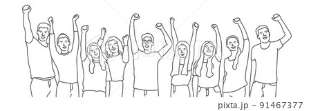 Crowd of happy diverse multiethnic celebrating people waving hands 91467377
