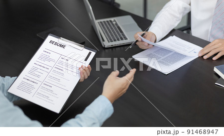 Job interview, Employer or recruiter is interviewing and taking the applicant's work history, Specialized Functional Ability Test, Business conversation, Manager resource employment and recruitment. Job interview, Employer or recruiter is interviewing and taking the applicant's work history, Specialized Functional Ability Test, Business conversation, Manager resource employment and recruitment. 91468947
