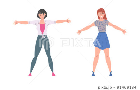 Cheerful Young Woman Standing with Wide Open Arms as Welcome and Solidarity Gesture Vector Set 91469134