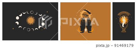 Hand drawn vector abstract stock flat graphic illustrations set with logo element,bohemian astrology magic art of galaxy space,crescent moon,stars,sun and human silhouette,simple style for branding. 91469179