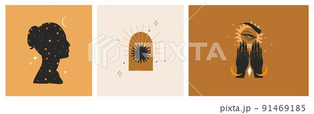 Hand drawn vector abstract stock flat graphic illustrations set with logo element,bohemian astrology magic art of galaxy space,crescent moon,stars,sun and human silhouette,simple style for branding. 91469185