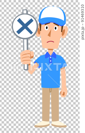 A gesture of raising an incorrect tag of a male staff wearing a hat in a short-sleeved polo shirt A gesture of raising an incorrect tag of a male staff wearing a hat in a short-sleeved polo shirt 91469310