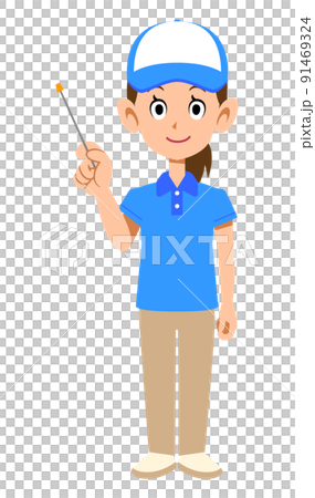 半袖のポロシャツ姿で帽子をかぶった女性スタッフの指し棒を持つ様子 91469324