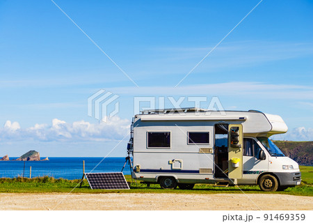 Solar photovoltaic panel at caravan on coast 91469359