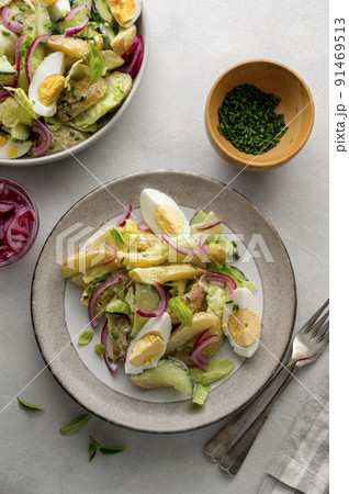 Healthy food. Delicios potato salad with eggs, cucumbers, cabbage and red pickled onions. Delicious healthy summer salad. Healthy food. Delicios potato salad with eggs, cucumbers, cabbage and red pickled onions. Delicious healthy summer salad. 91469513