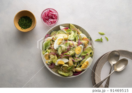 Healthy food. Delicios potato salad with eggs, cucumbers, cabbage and red pickled onions. Delicious healthy summer salad. Healthy food. Delicios potato salad with eggs, cucumbers, cabbage and red pickled onions. Delicious healthy summer salad. 91469515