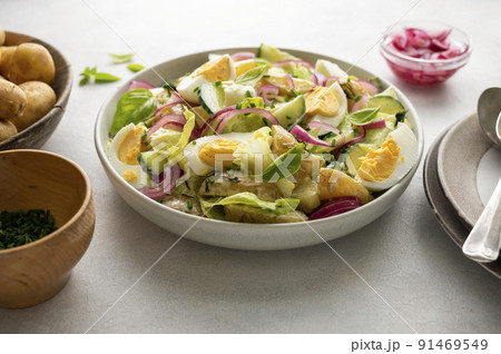 Potato salad with eggs, cucumbers, cabbage and red pickled onions. Delicious healthy summer salad. 91469549
