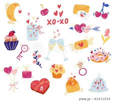 Valentine's Day elements. Big set of love items, muffins, hearts, ring, arrows, keys, champagne, candies and flowers. Vector cartoon illustration for banner, poster, card, postcard. Valentine's Day elements. Big set of love items, muffins, hearts, ring, arrows, keys, champagne, candies and flowers. Vector cartoon illustration for banner, poster, card, postcard. 91471554