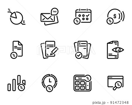 Set of black vector icons, isolated against white background. Illustration on a theme Tax instruments: calculation, documentation 91472348