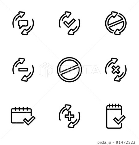 Set of black icons isolated on white background, on theme Check mark, line style Set of black icons isolated on white background, on theme Check mark, line style 91472522