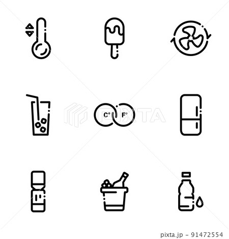 Set of black icons isolated on white background, on theme Cold drinks, ice cream and cooling systems 91472554