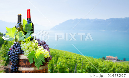 Red and white wine bottles and grapes on wine barrel Red and white wine bottles and grapes on wine barrel 91473297