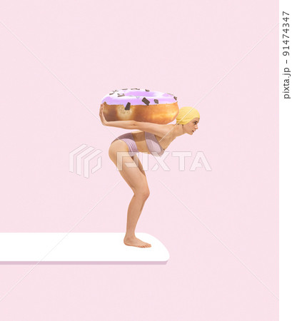 Contemporary art collage. Creative colorful design with young girl in swimming suit and cap jolding donut on back and preparing to dive 91474347