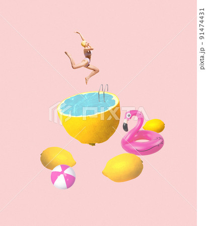 Contemporary art collage. Creative colorful design with young girl jumping into lemon swimming pool isolated over pink background. Vacation time 91474431