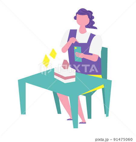 カフェで写真を撮る女性のイラスト 91475060