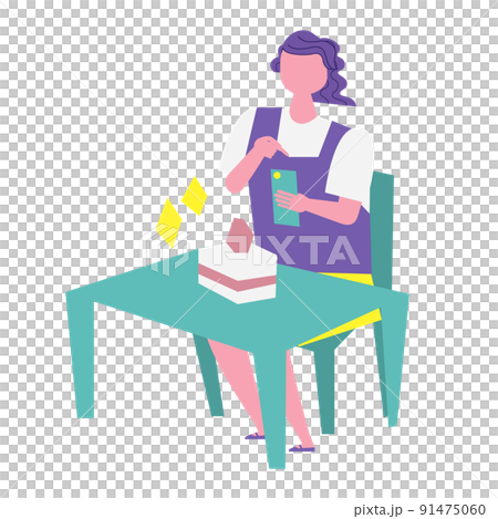 カフェで写真を撮る女性のイラスト 91475060