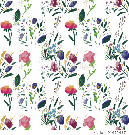 Seamless pattern with wildflowers on watercolor paper background. 91475437