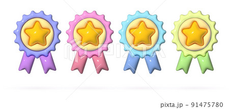 Winner medals with ribbon set in 3d cartoon style. Award rosette badge render. Soft pop vector design element 91475780