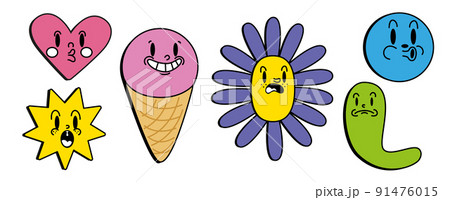 Retro 30s cartoon and comics characters faces. Traditional emotions stickers. Vintage characters for trending illustration. 91476015