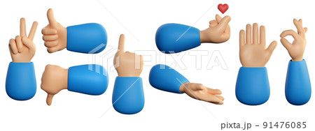 Human hands set in 3d cartoon style. Different fingers gesture for business and product concept. 3d high quality render isolated on white background. 91476085