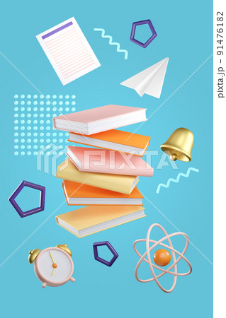 3d education concept poster for university and school. Stack of the books, alarm clock, bell, paper plane, atom and note flying on blue background. Realistic 3d high quality render 91476182