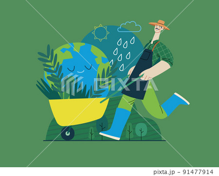 Ecology - Save the planet -Modern flat vector concept illustration of a gardener wearing a hat, apron and boots carrying a garden cart with a globe inside. Creative landing web page template Ecology - Save the planet -Modern flat vector concept illustration of a gardener wearing a hat, apron and boots carrying a garden cart with a globe inside. Creative landing web page template 91477914