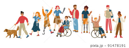 People with different disabilities waving hand People with different disabilities waving hand 91478191