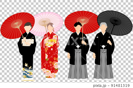 和傘をさす着物姿の家族 紋付袴と振袖 黒留袖のイラスト素材