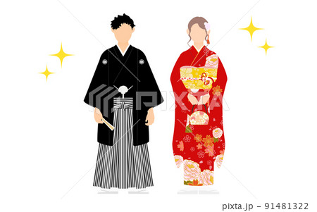 成人式で記念撮影をする着物姿の男女、紋付袴と振袖 成人式で記念撮影をする着物姿の男女、紋付袴と振袖 91481322