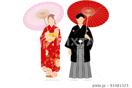 番傘を持った着物姿の男女、紋付袴と振袖 番傘を持った着物姿の男女、紋付袴と振袖 91481325