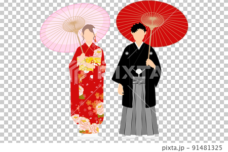 番傘を持った着物姿の男女、紋付袴と振袖 番傘を持った着物姿の男女、紋付袴と振袖 91481325