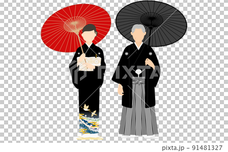 Senior couple in kimono with an umbrella, crested hakama and black tomesode Senior couple in kimono with an umbrella, crested hakama and black tomesode 91481327