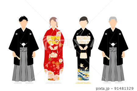 着物姿の家族、紋付袴と振袖、黒留袖 91481329