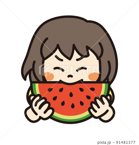 スイカを食べる女の子のイラスト素材