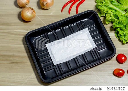 plastic packaging with food absorbent in supermarket, Good quality for food store 91481597